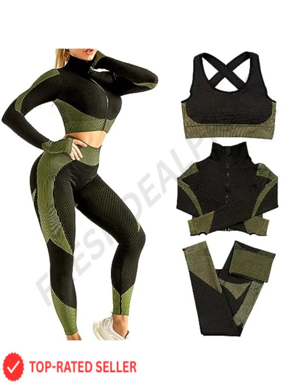 3-Piece Seamless Workout Outfit Set Long Sleeve Zip Crop Top Sports Bra